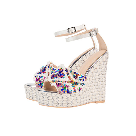 Chengdu Artisan Roman Gladiator Sandals Striking 14cm Platform Wedge with Crystals and Ankle Strap Nude