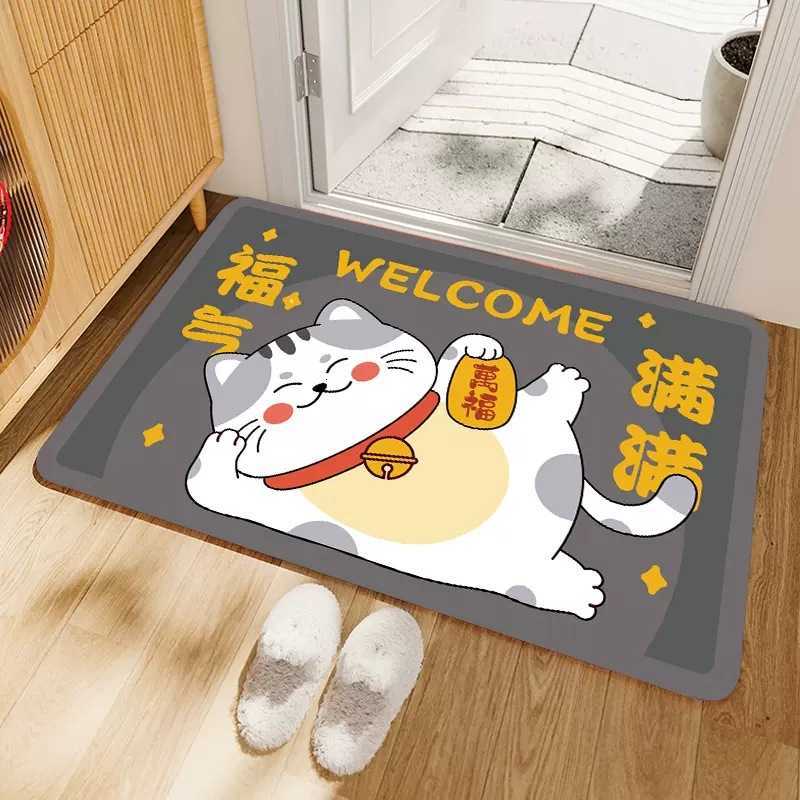 Cartoon Fortune Cat Entryway Diatomite Mat Bathroom Toilet Water-Absorbent Dirt-Resistant Easy-Care Non-Slip Floor Mat S260207