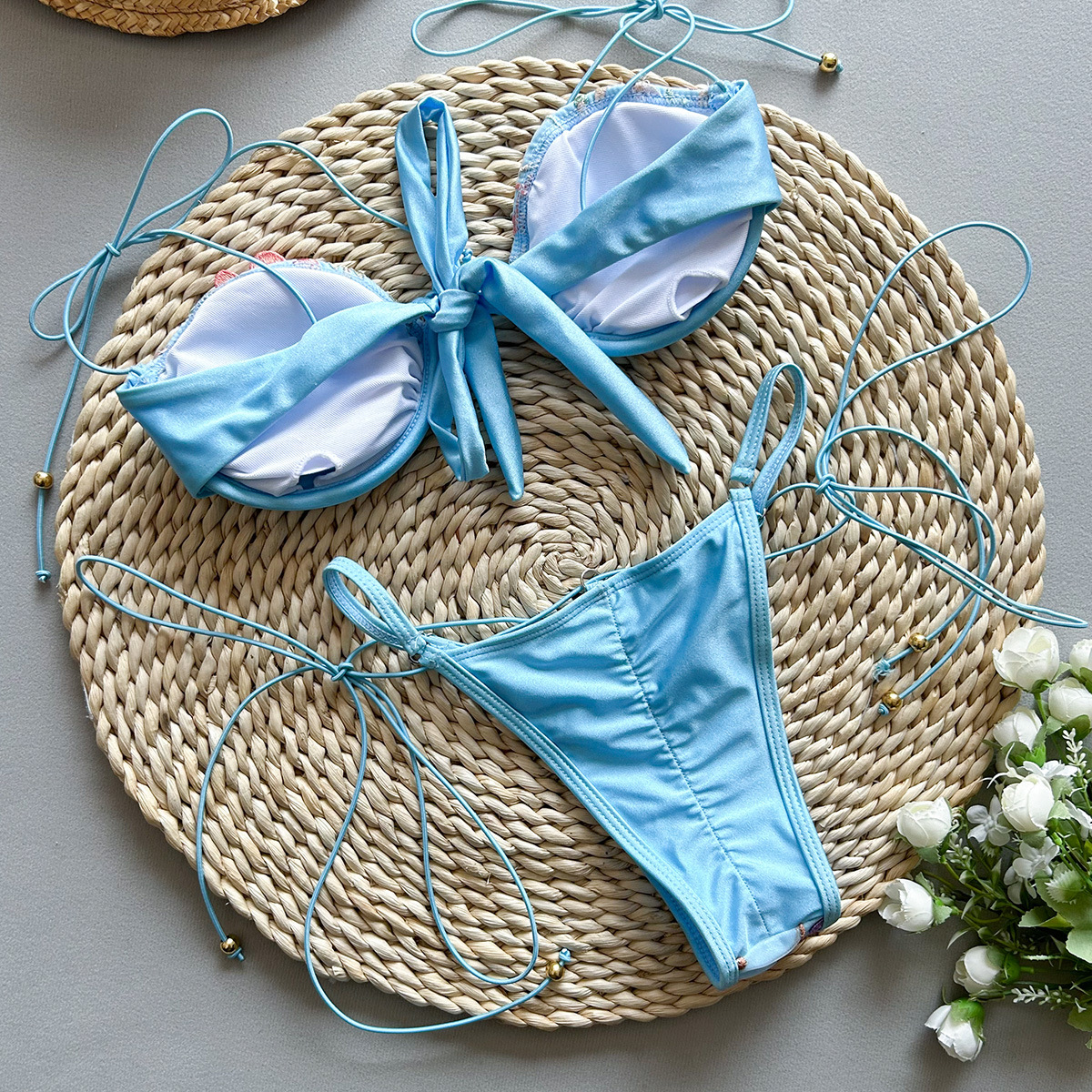 Women's Swimwear Bathing Suit String Bikinis Beige Shiny Flower Embroidery Thong Micro Push Up Bikini Set Sexy Swimsuit Women