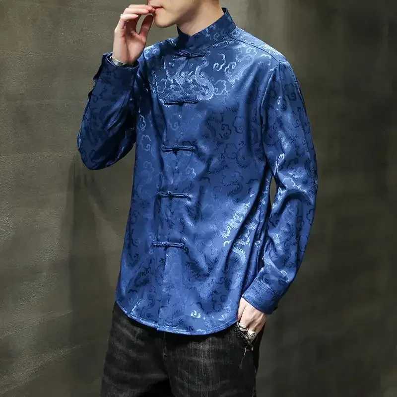 Buckle Elegant Tang Jackets Silver Mandarin Collar Blouse Red Chinese New Year ClothesBig Size Blue Satin Silk Shirts For Mens C260209