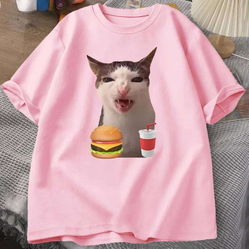 Crunching Food Meme T-shirt Women Silly T Shirts Funny Cat Eating T-Shirt Short Sleeve Graphic Tees Streetwear Fashion Y2K X260209