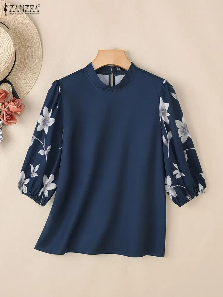 ZANZEA Elegant Women Blouses Fashion Stand Collar Floral Printed Half Lantern Sleeve Casual Tops Spring Woman Clothes S3XL 260207