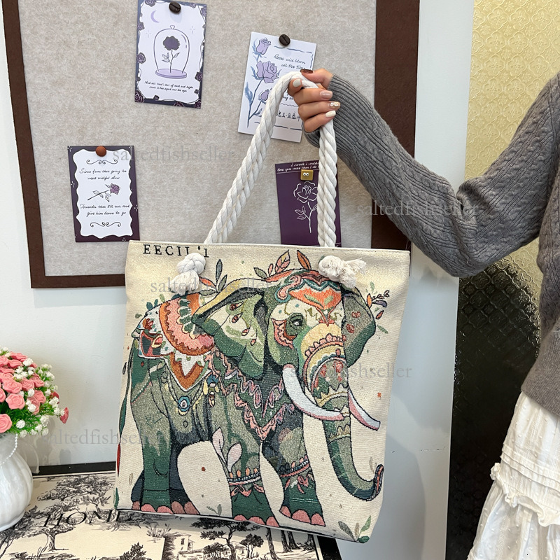 2026 Luxury Ethnic Embroidery Women's Canvas Handbag New Fashion Cartoon Hemp Rope Golden Thread Tote Shoulder Bag Large Capacity Leisure Shoppin