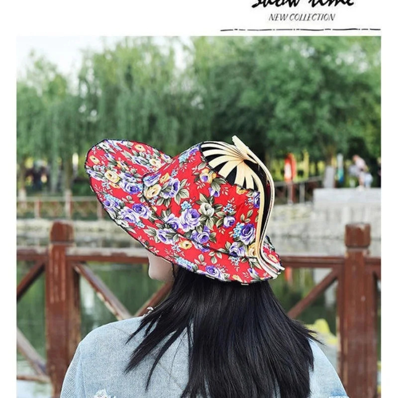 Bamboo fan hat folding portable versatile beach hat sun hat girls summer sun protection sun hat folding fan hat 260208