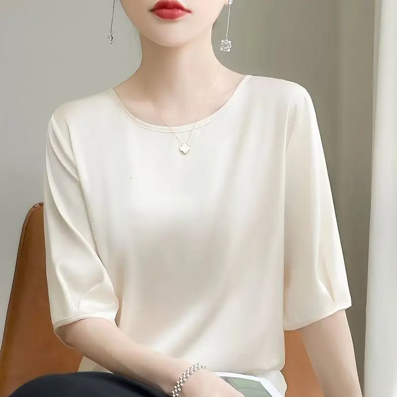 Summer satin Women Blouse Silky Loose Woman Shirt ladys half Sleeve tops Casual solid tshirt ONeck pullover womens clothing 250203