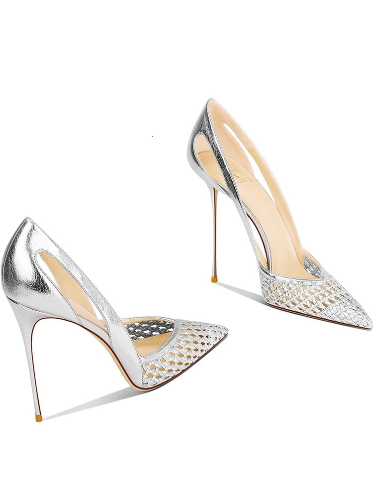 Thin highheeled sandals spring and summer pointed shallow knitted stitching shoes banquet large size small women 260208