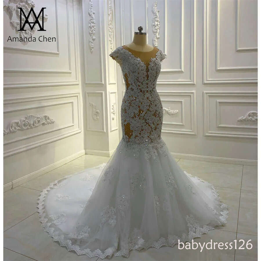 bruidsjurken Cap Sleeve Lace Appliques Crystal Mermaid Wedding Dress