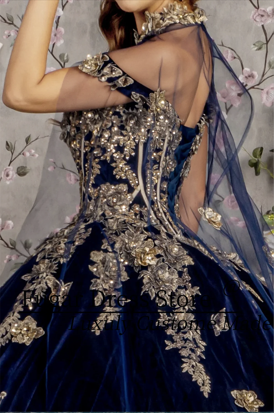 Navy Blue Velvet Quinceanera Dresses Embroidered Metal Decals Off Shoulder Birthday Party Princess Ball Gown Vestidos De 15 Anos N1017