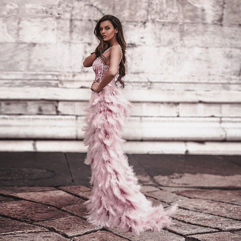 Arabic Dusty Pink 3D Floral Mermaid Feathers Prom Dresses Long African Evening Gowns Semi Formal Gala Dress Graduation Party Gown robe de soiree marie