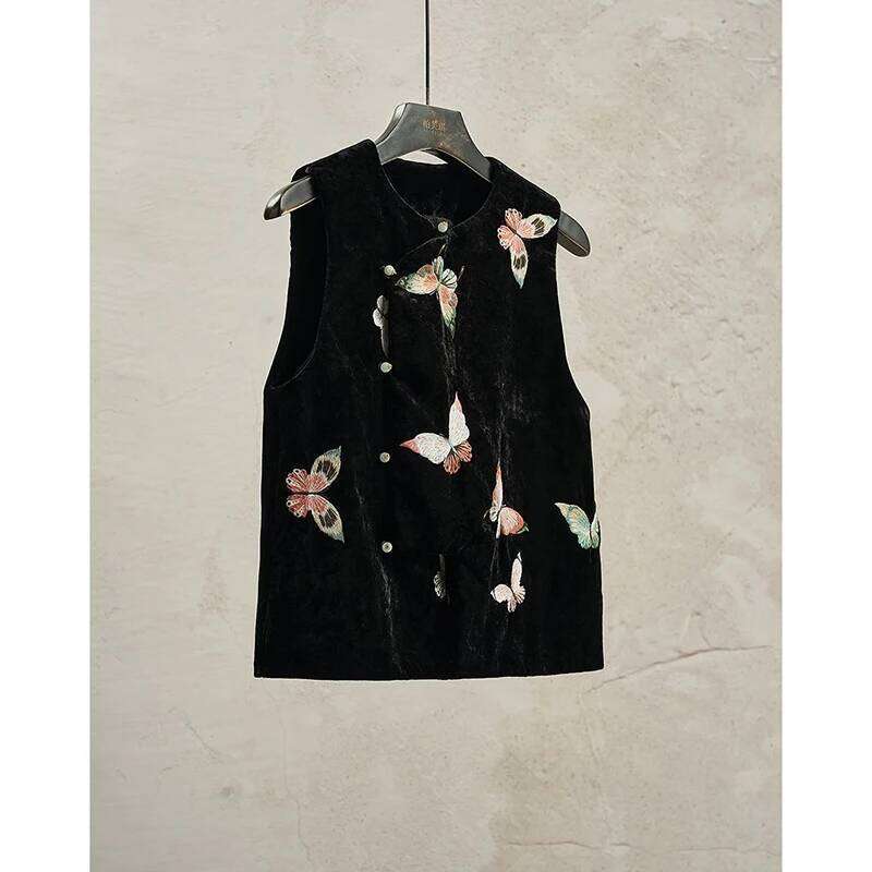 New Women's Vests New Outerwear Style Black Velvet Butterfly Embroidered Vest Women's Autumn Temperament High Sense Vest Coat