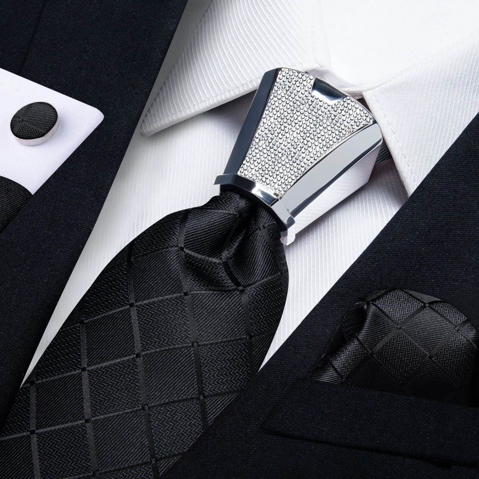 DiBanGu Business Plaid Black Solid Elegant Silk Ties for Men Tie Buckle Handkerchief Cufflinks Wedding Accessory 260208