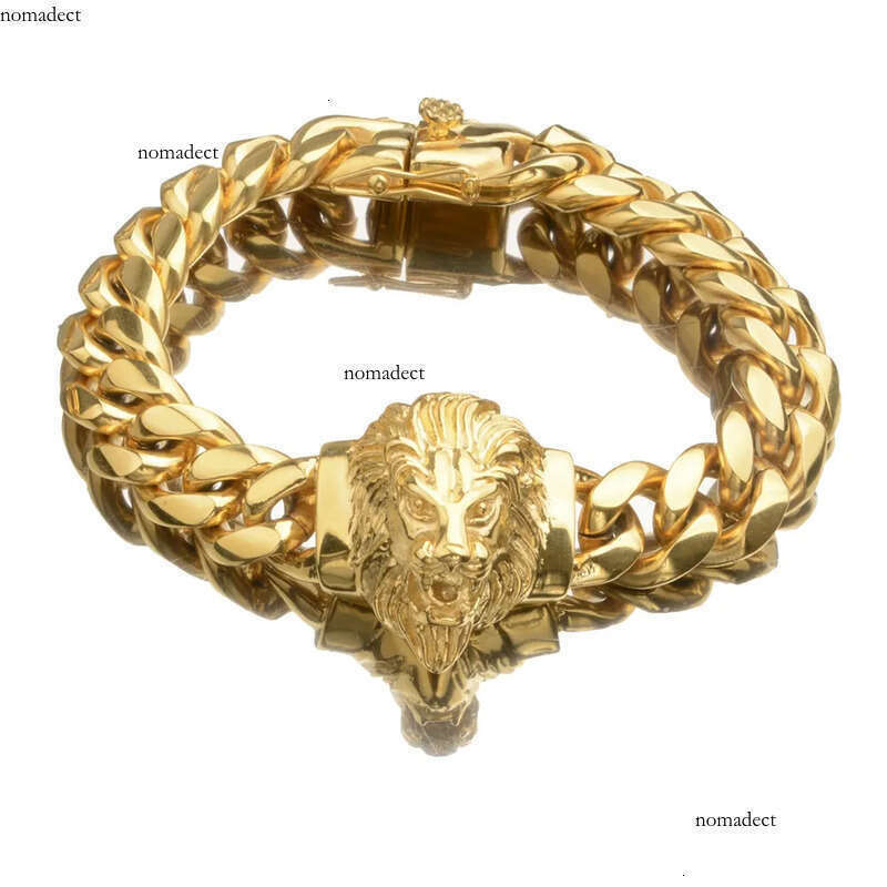 Real Gold Plated Miami Cuban Link Chain Lion Head Men Hip Hop Stainless Steel Jewelry Bracelets 1d