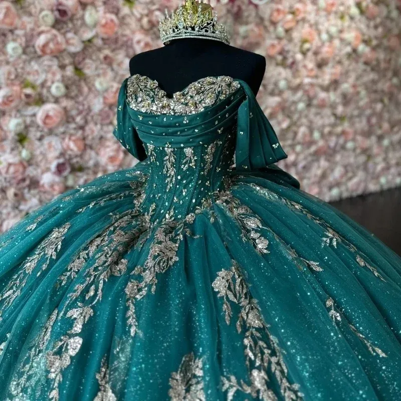 Child Blackish Green Shiny Ball Gown Quinceanera Dresses Sequin Gold Appliques Lace Beads Crystal Tulle Party Birthday Vestidos De 15 Anos Sweet 16 Dr