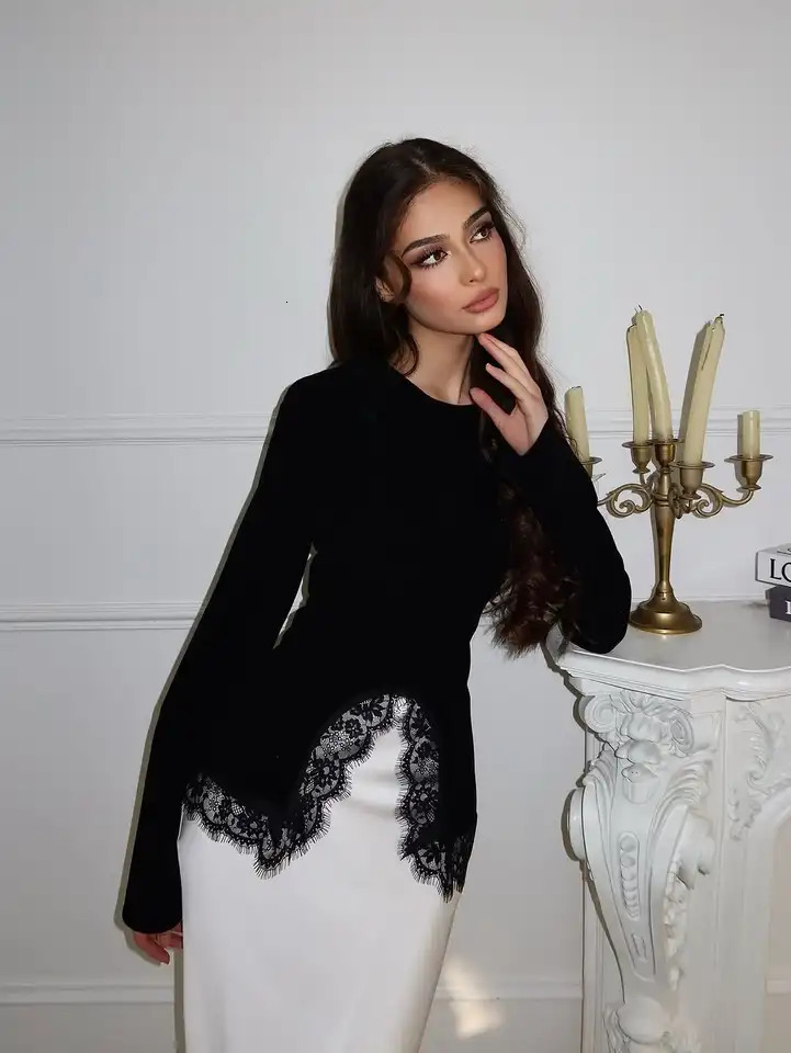 Sexy Black Lace Patchwork Slim Shirt Women Elegant Round Neck Long Sleeve Irregular Hem Top 2026 Lady Spring Autumn Chic Wear 250203