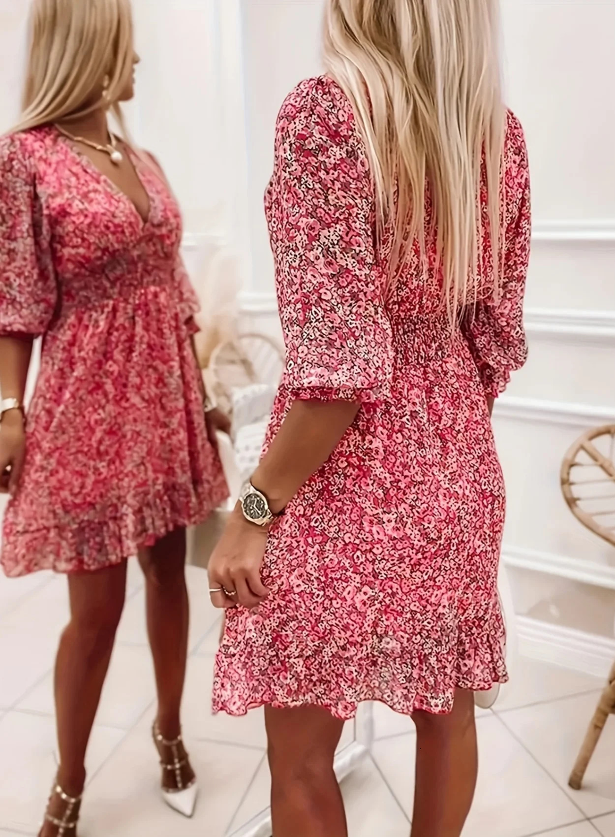 Womens small floral printed V-neck dress elastic waist bohemian fashion casual dress suitable for daily wear in sprin 260118
