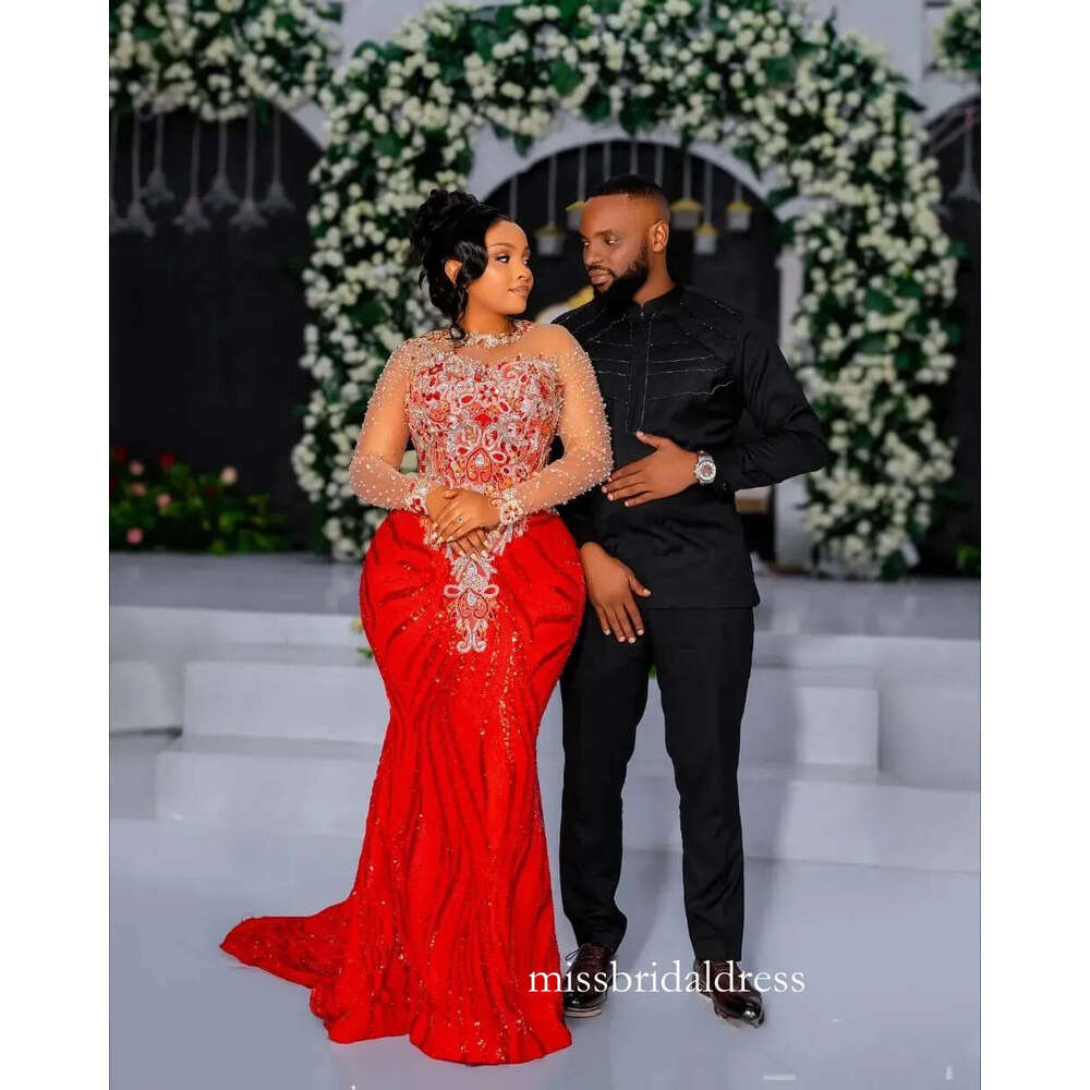 Red Mermaid Prom Dresses 2026 Beaded Lace Full Sleeves Sparkly Evening Formal Party Gowns Plus Size Robe De Soiree Mariee Luxe 0209