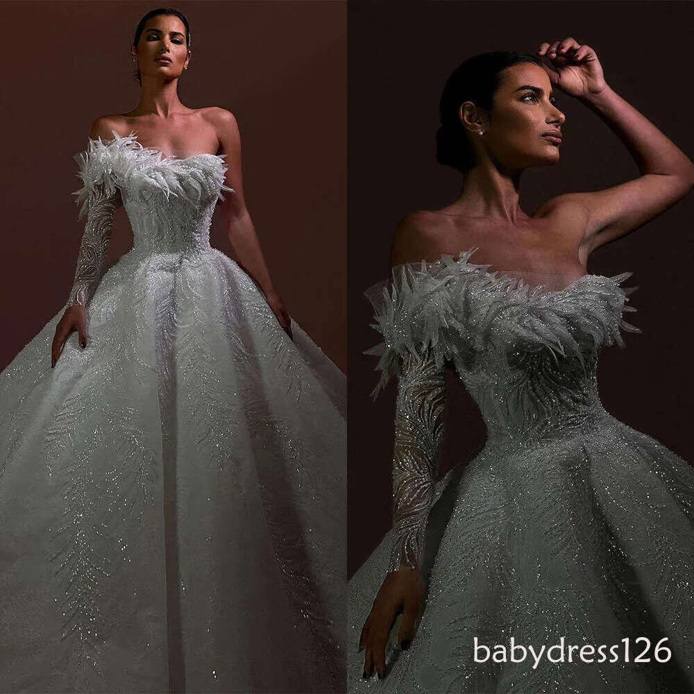 Princess Wedding Dresses Ball Gown Strapless One Shoulder Sequins Feathers or-Length Bride Dress Vestido de novia Custom Made