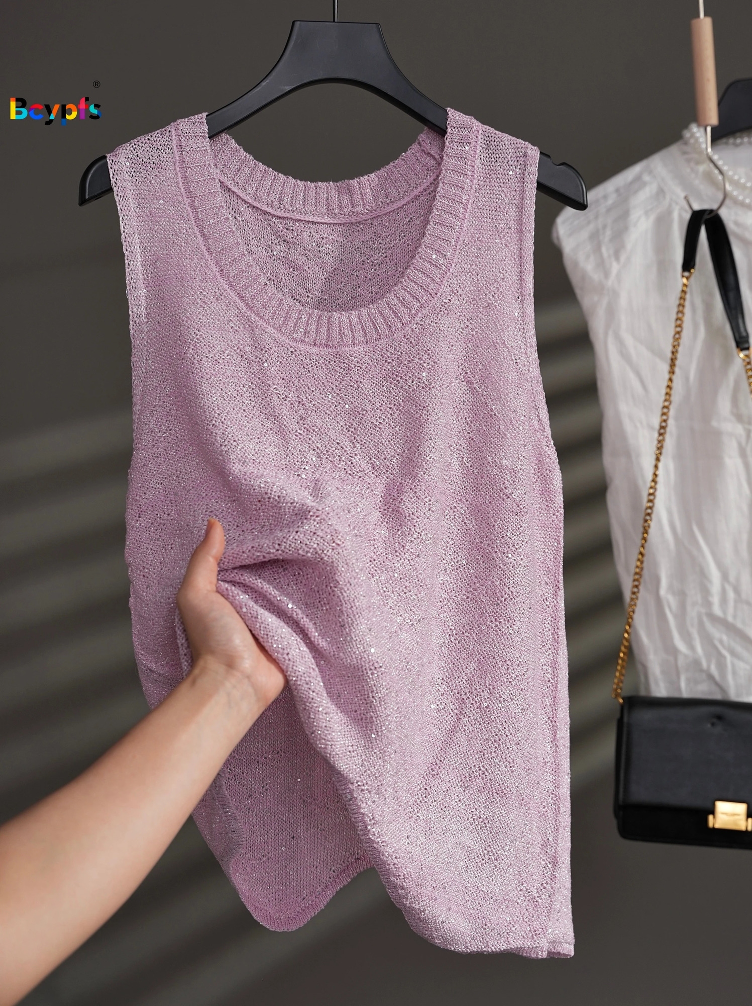 2026 Womens Soft Pink Knit Vest Wavy Hem Sleeveless Openwork Sequin Loose Top Versatile for Layering Casual Wear 260130