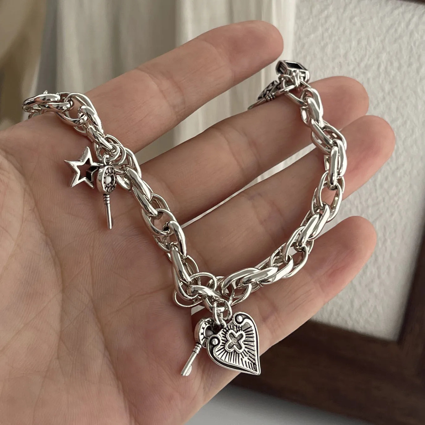 925 Sterling Silver Bracelets for Women Men String Accessories Trend Vintage Heart Cross Shape Pendant Party Jewelry Gift 260128