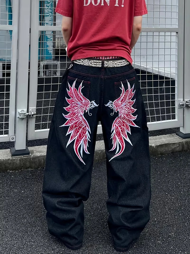 Y2K Grunge Black Washed Jeans Men Red Phoenix Wing Print Baggy Wide Leg Streetwear Denim Pants 260208