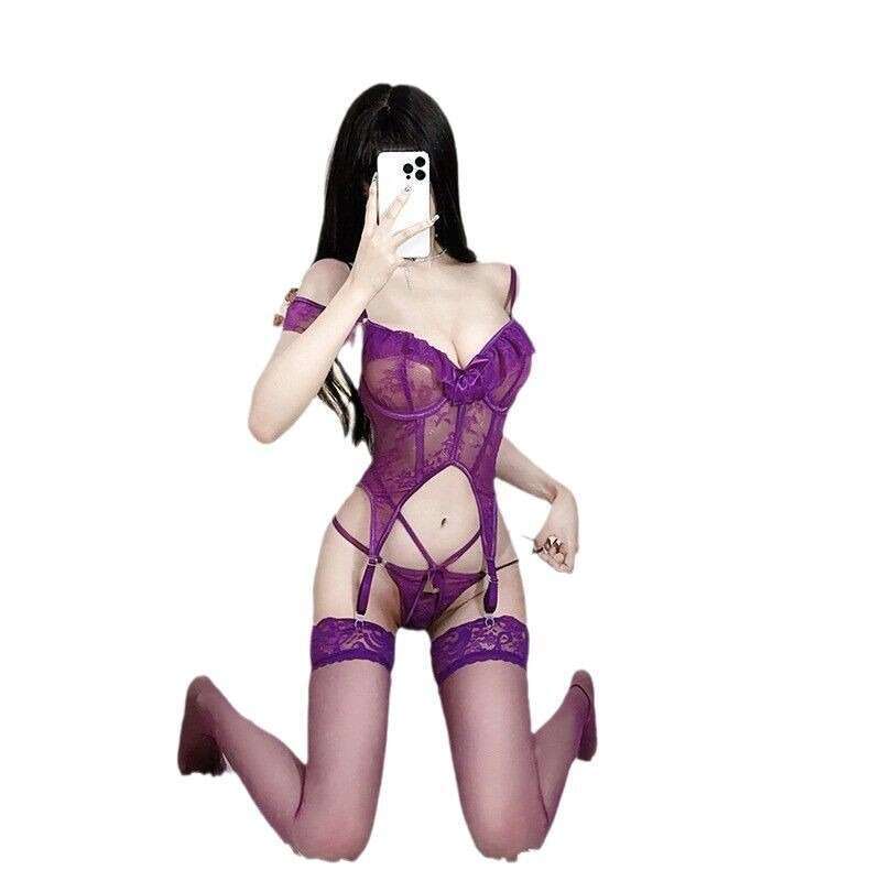 Sexy Purple Lace Bodysuit Women Cut-Out Corset Style Lingerie with Bow Detail, Garter Straps & Thigh Bands for Intimate Moments & Role Play