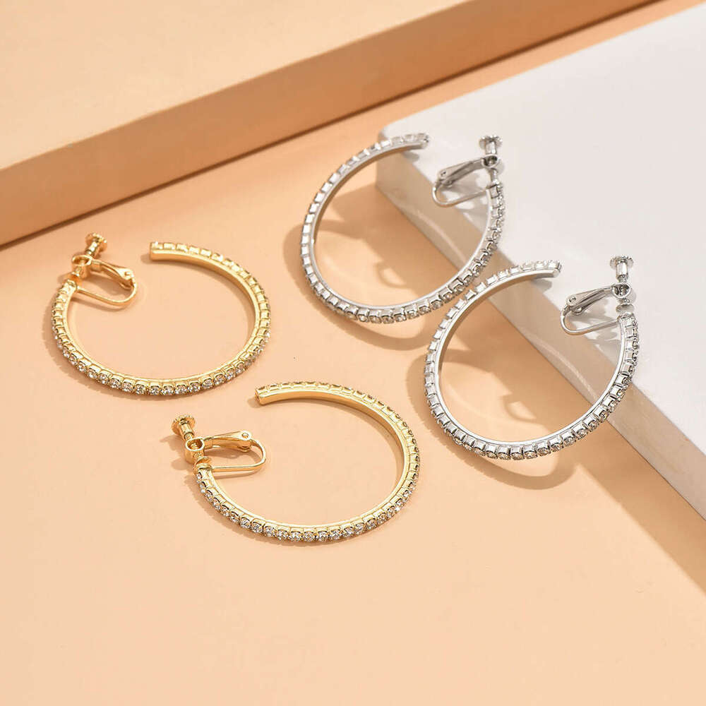 Hoop Earrings Diamond Earrings Unisex High Quality Retro Elegant Rhinestone Circle Large Earrings Simple Fashion Non-Pierced Screw Ear Clips