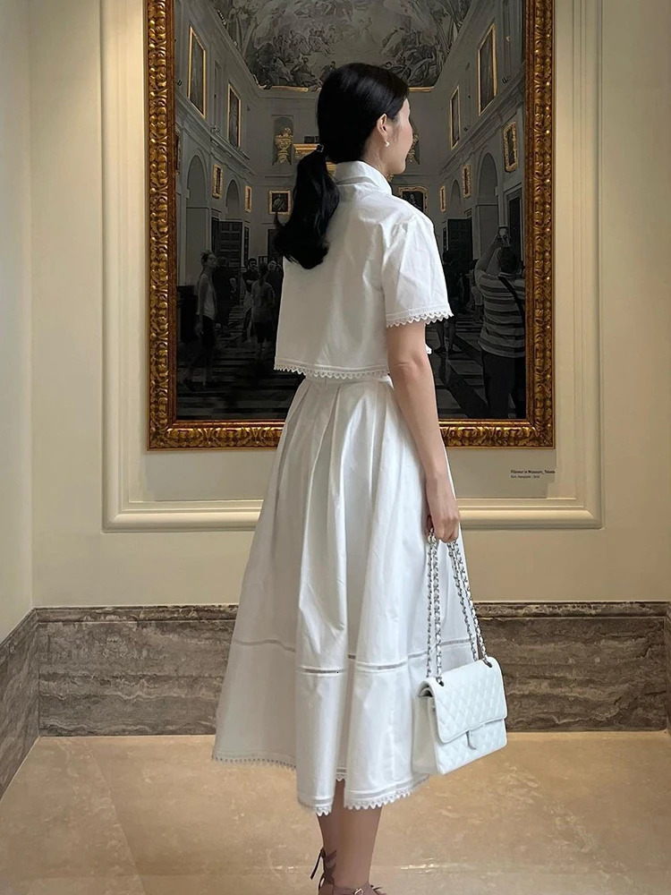 GALCAUR Elegant Two Piece Sets For Women Lapel Short Sleeve Tops High Waist A Line Pleated Skirts Solid Set Female Summer 260208