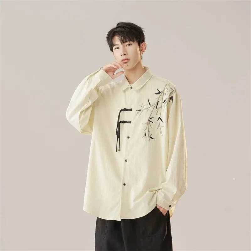 Chinese Style Green Bamboo Embroidered Long-sleeved Shirt for Boys New Chinese Style Autumn New Retro Button Splicing Cardigan C260209