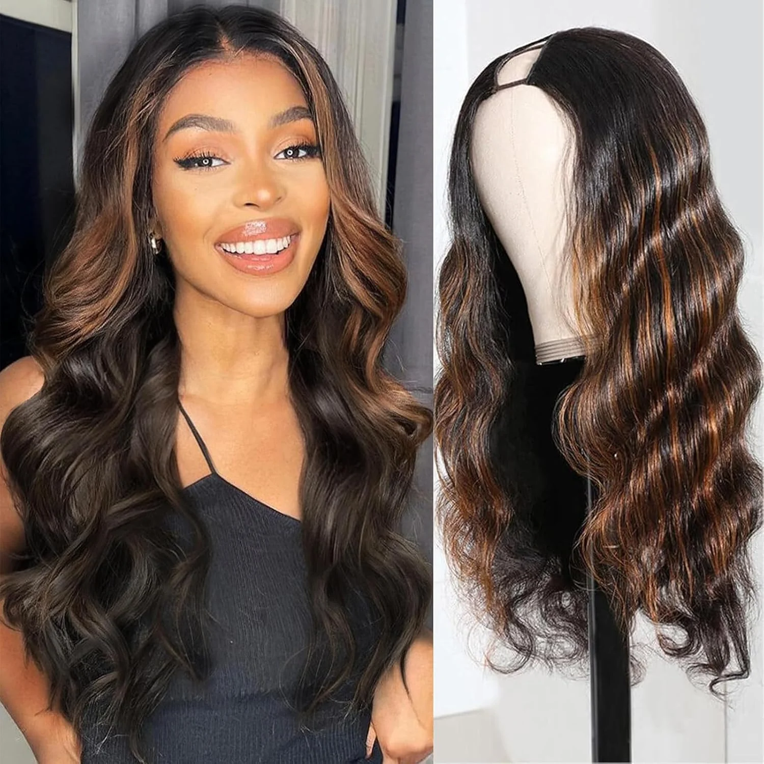 Body Wave 1B/30 Highlight V Part Wig 220 Density Loose Body Wave Human Hair Wig V Shape Clip in Half Wigs No Leave Out No Sew In