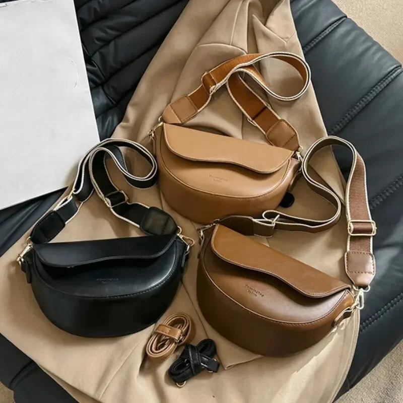 Women Vintage Solid Color Flap Small Saddle Shoulder Underarm Bag Fashion PU Leather Wide Strap Crossbody Bag 260130