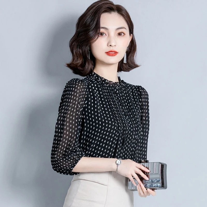 Women Spring Autumn Style Chiffon Blouses Shirts Lady Casual Long Sleeve ONeck Polka Dot Printed Blusas Tops DD8879 250203