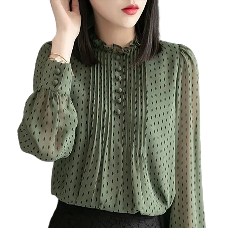 Women Spring Autumn Style Chiffon Blouses Shirts Lady Casual Long Sleeve ONeck Polka Dot Printed Blusas Tops DD8879 250203