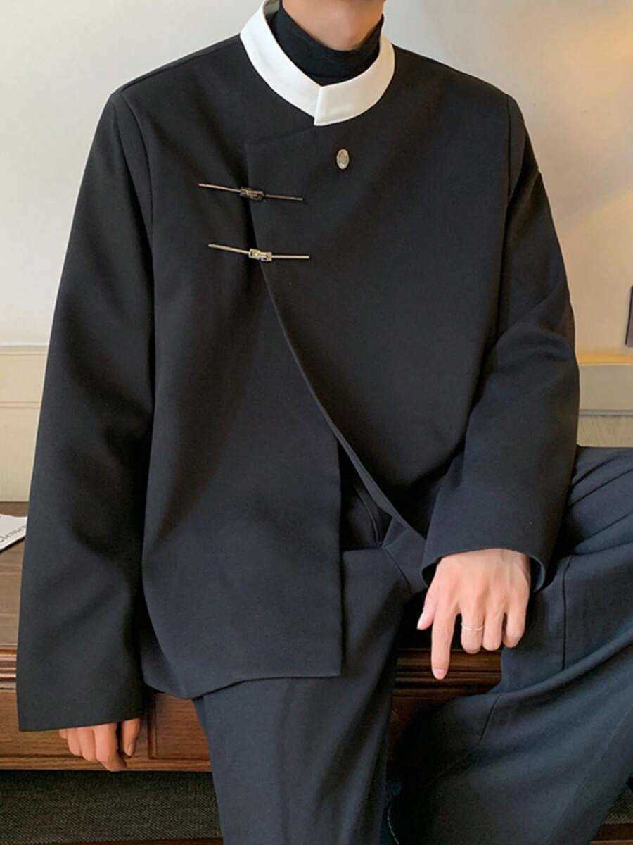 Autumn New Chinese Style Stand Up Collar Small Suit For Men With A Niche Contrasting Color Design And A Retro And Stylish Shoulder Padded Suit Jacket 