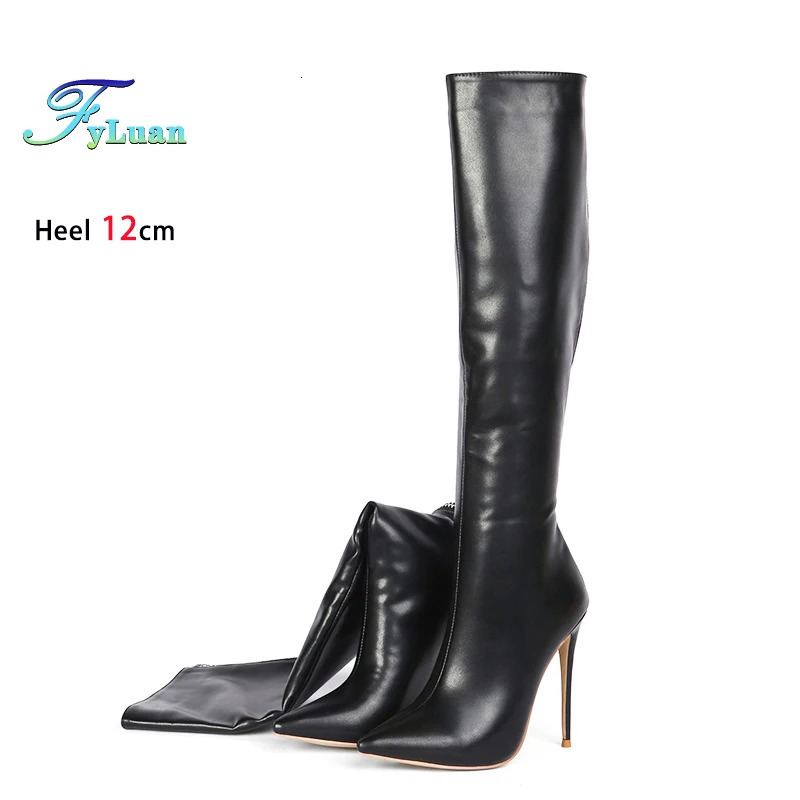 Black Pointed Boots For Woman 12CM Stiletto Fashion Women Party Winter Shoes Plus Size 43 44 45 Back Zipper Midcalf 260208