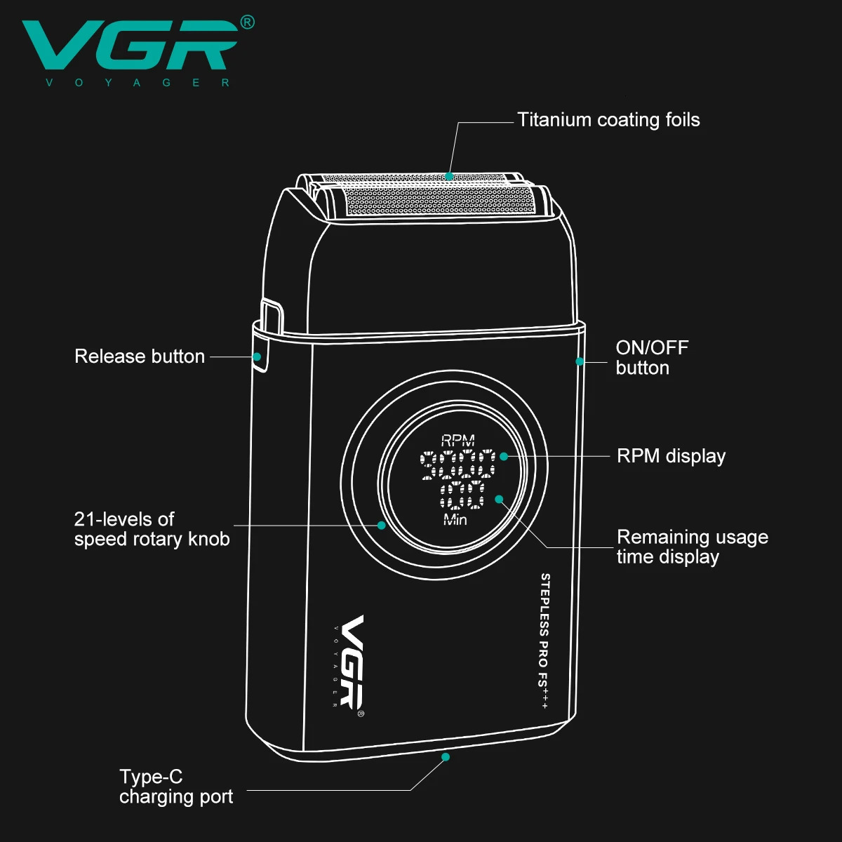 VGR high-end mens shaver alloy reciprocating three blade shaver LED intelligent digital display 9000 speed hair trimmer V-378 260126