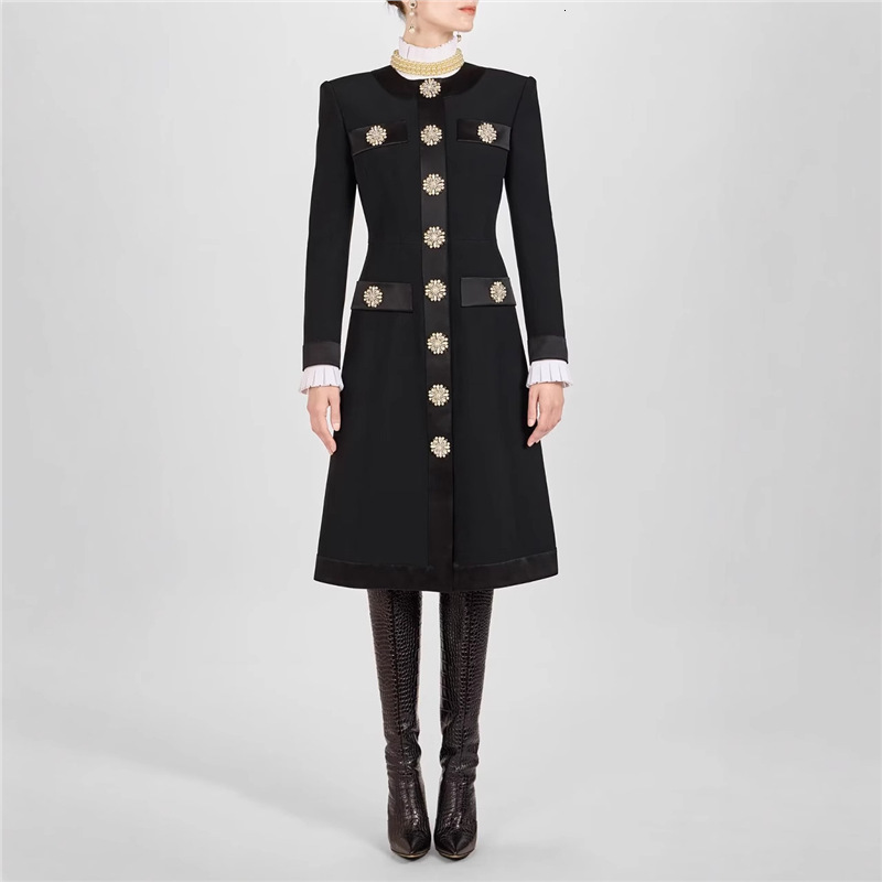 early spring new patchwork black trench coat with rhinestone buttons hidden buttons slim fit long style elegant womens top