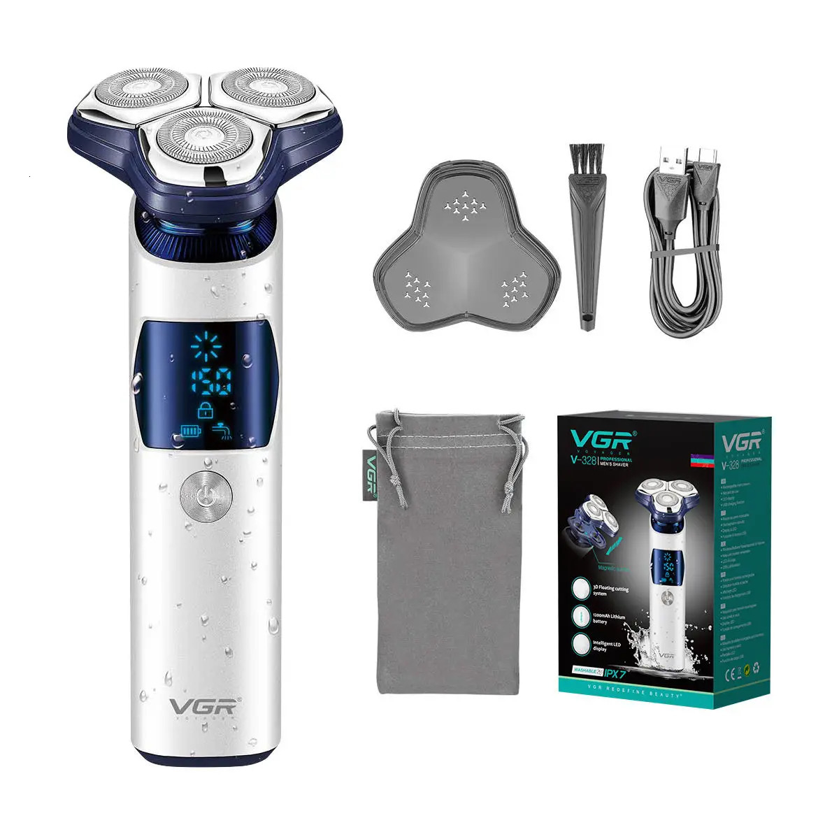 VGR 328 Mens Professional Shaver Metal Floating Three Blade Household Shaver LED Intelligent Digital Hair Trimming Machine 260126