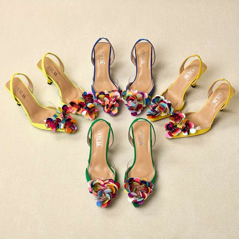 Ladies Fashionable Pointed Toe Open Back Ultra High Heeled Sandals Adorned With Sequined Design At The Toe Perfect For Parties Banquets Weddings And O
