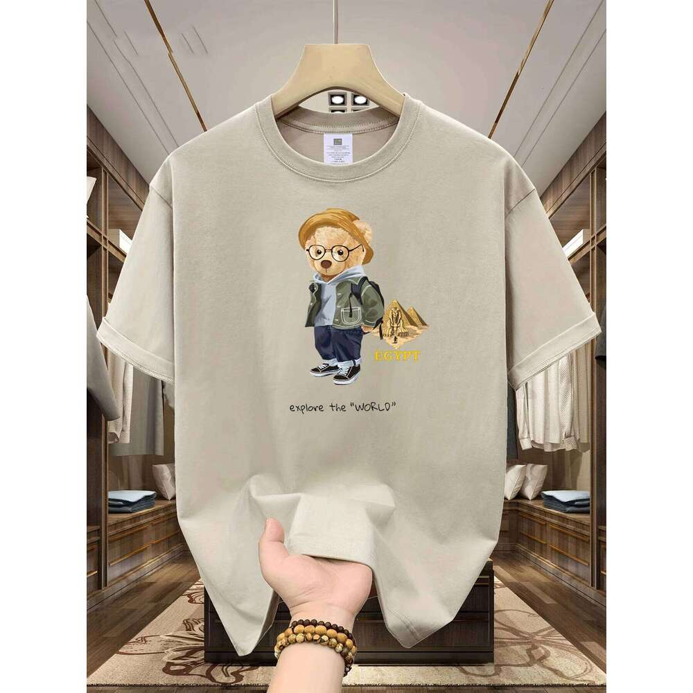Men's Summer 100% Cotton Fashion Leisure Sports Loose Travel Bear Cartoon Pattern Printed Round Neck Short Sleeve T-shirt Top X260209