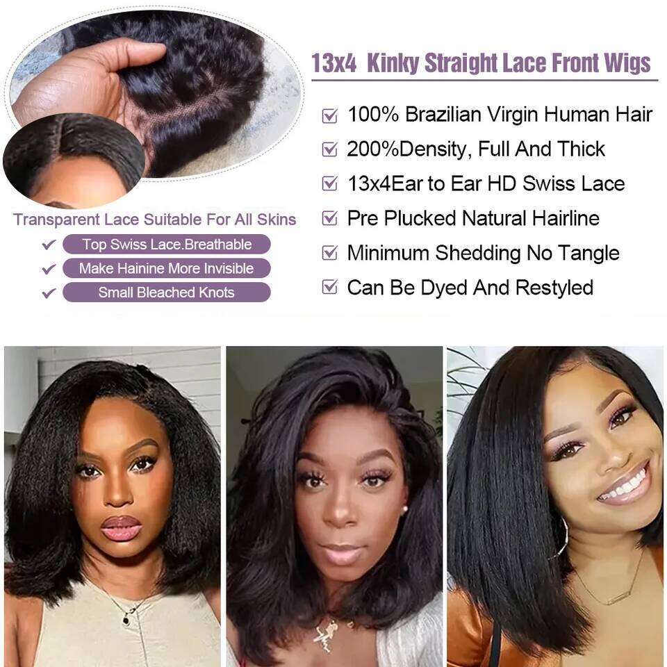 Kinky Straight Black Hman 13X6 HD Lace Frontal Edges Curly Afro Yaki Short Bob Hair Glueless Wigs 4X4 7X5 Closure VMS