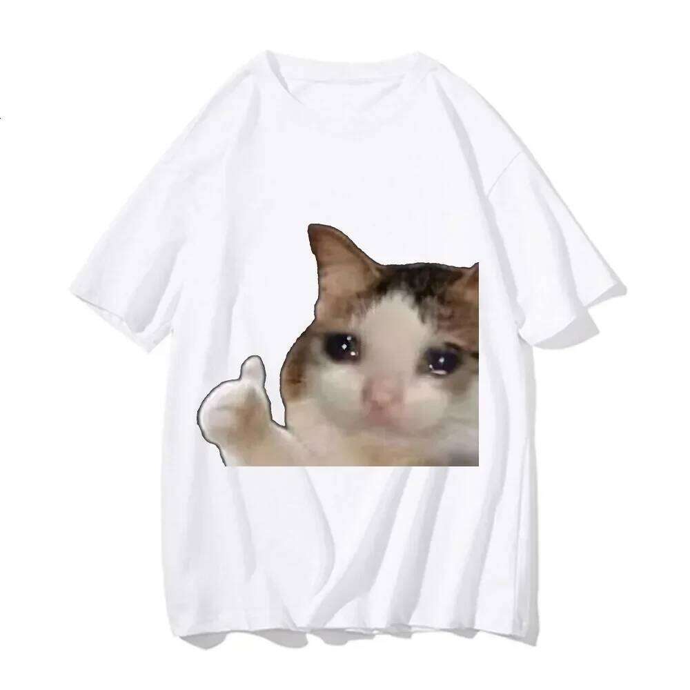Funny Sad Cat Meme Graphic Cotton T-Shirt for Men and Women Comfortable Soft Casual Short Sleeve Round Neck Daily Wear Street X260209