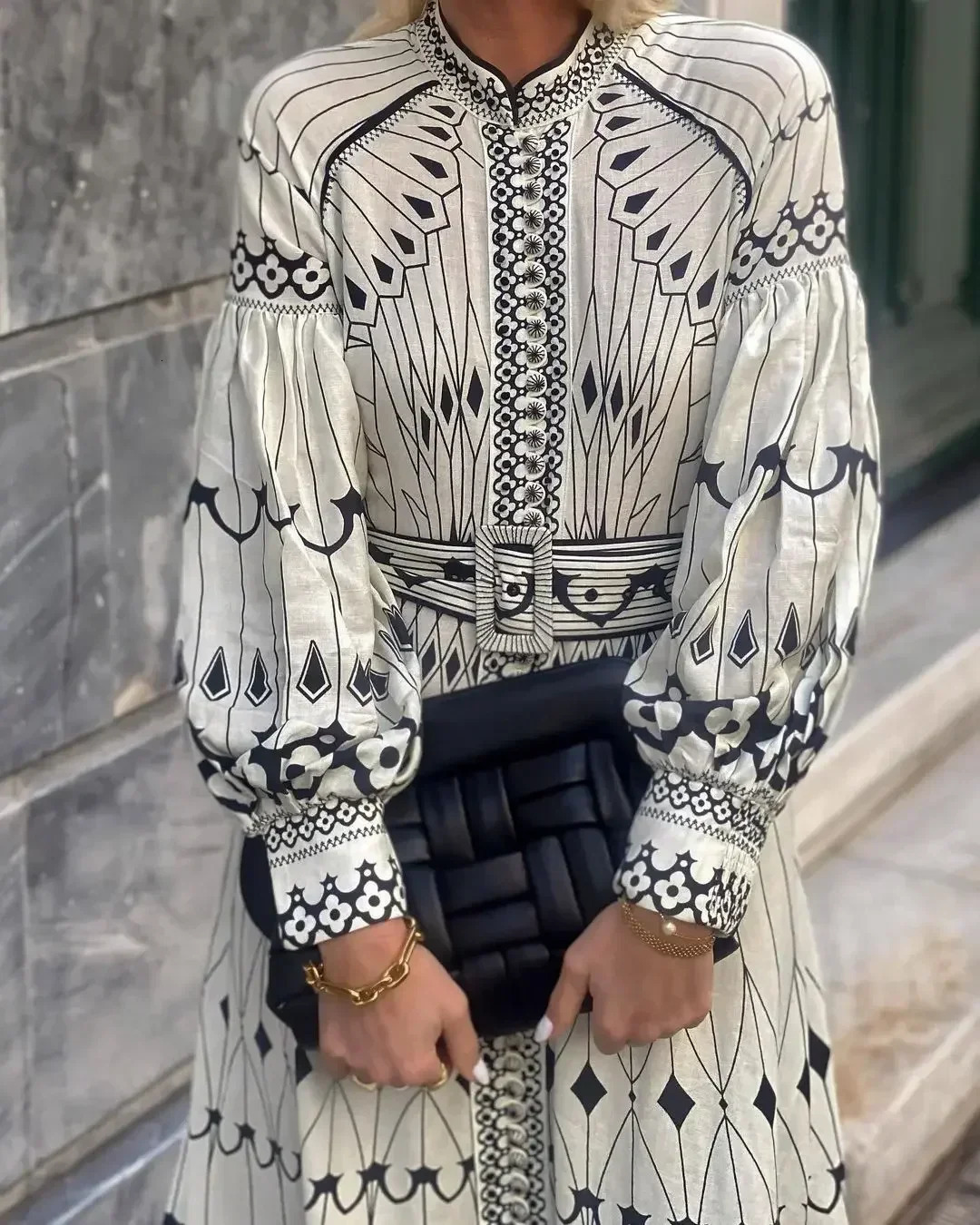 Retro Elegant Stand Collar Long Dress Women Spring Pattern Print Belted Buckle Party Dress Autumn Long Sleeve A-Line Boho Dress 260118