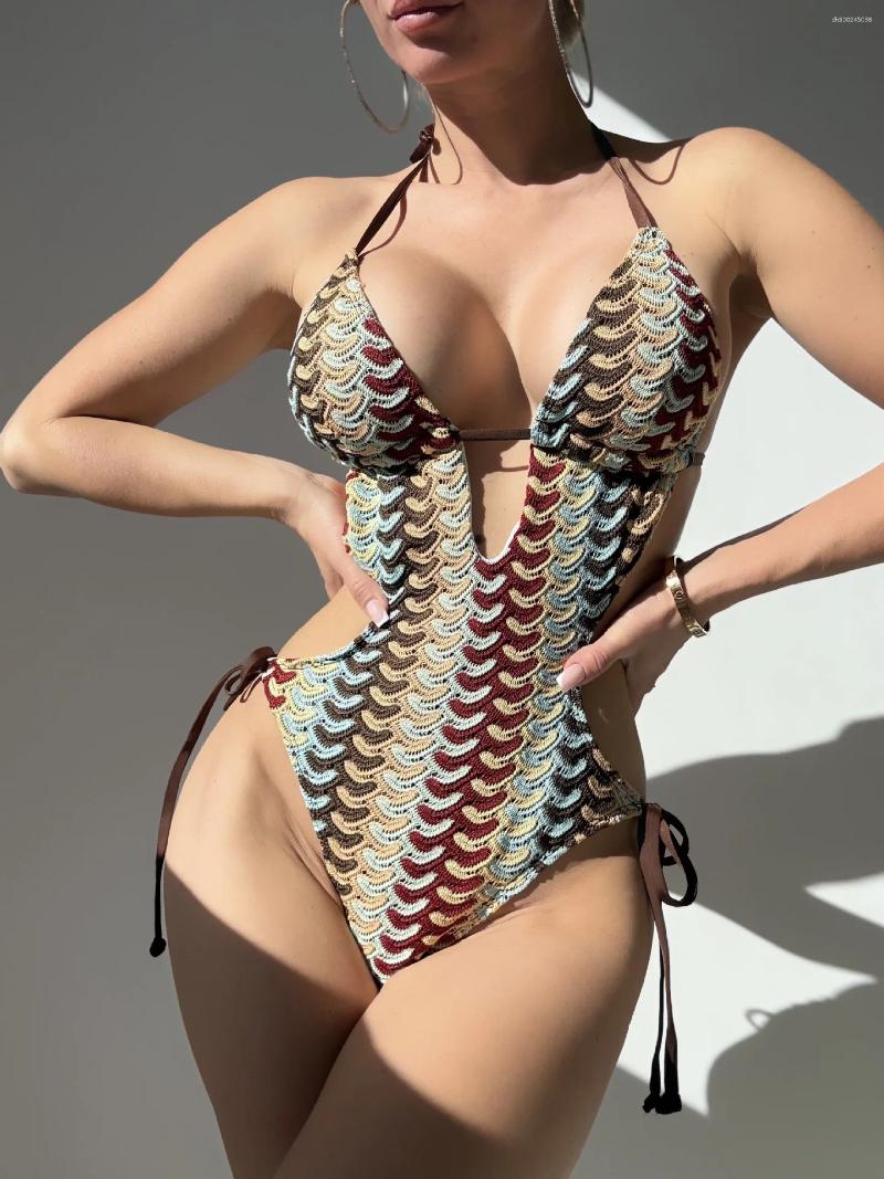 Women's Swimwear Crochet Textured Halter One-Piece Swimsuit Colorful Knitted Cutout Slim-Fit Beachwear Monokini