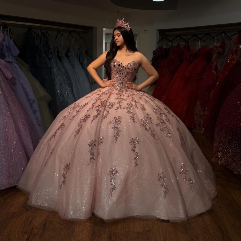 Pink Quinceanera Dresses Ball Gown Off The Shoulder Sequin Applique Lace Beading Crystal Bow Tull Sweet 16 Dress Vestidos 15 De Anos