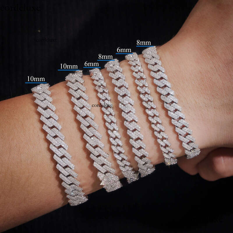 Hot Sale Fine Jewelry Lab Dia S Sterling Sier Rhodium Plated Moissanite Men Cuban Link Bracelet 36