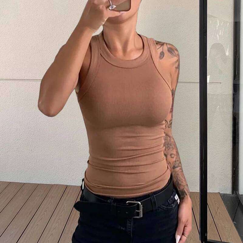 Solid Basic Soft For Women Summer Outfits Tight Sexy Round Neck Tank Knitted Bottom Shirt Sleeveless Top Outerwear 26Y0209