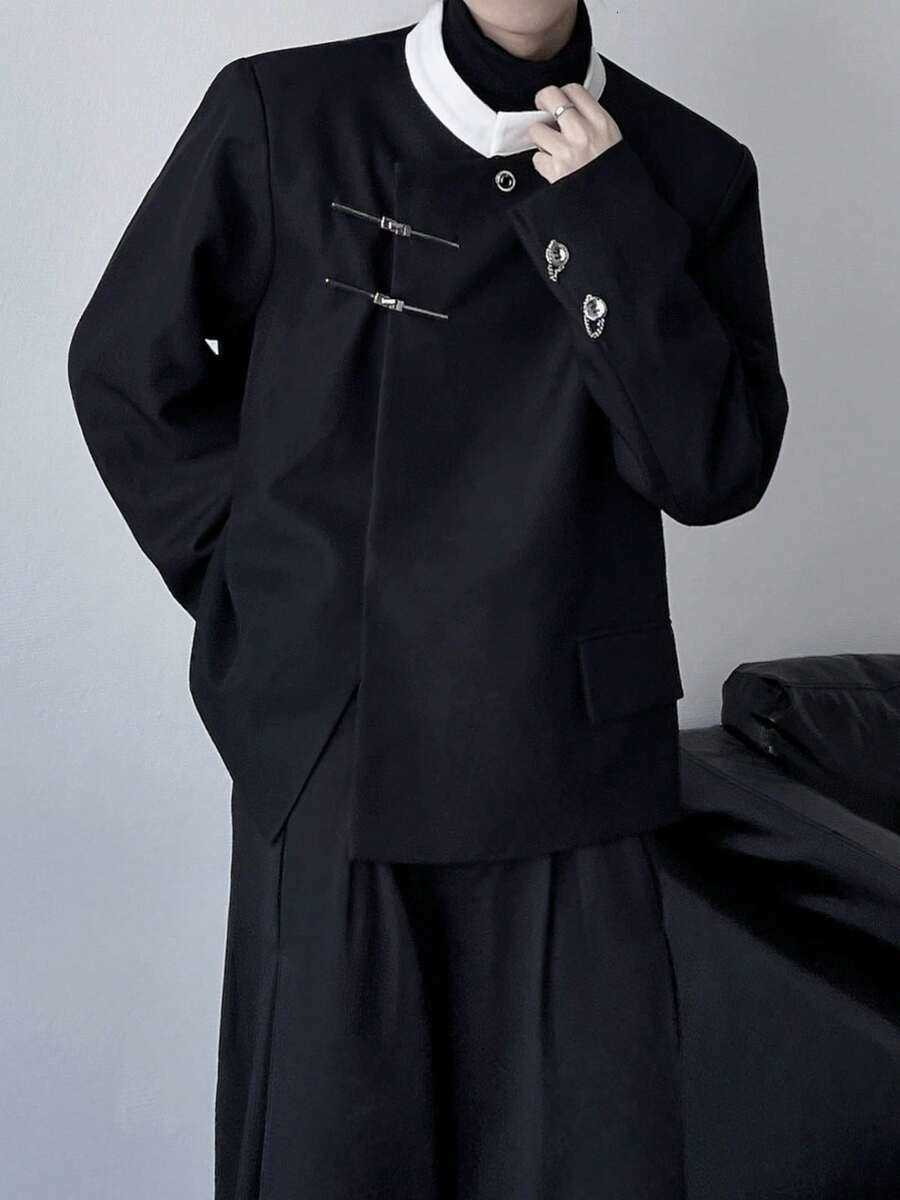 Autumn New Chinese Style Stand Up Collar Small Suit For Men With A Niche Contrasting Color Design And A Retro And Stylish Shoulder Padded Suit Jacket 