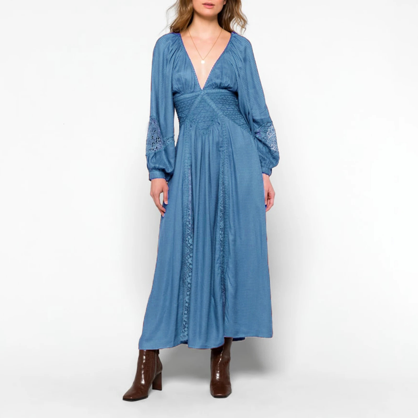 Imcute Womens V Neck Lace Patchwork Boho Cutout Loose Swing Long Sleeve Tie Waist Cocktail Wedding Party Maxi Spring Fall Dress 260118