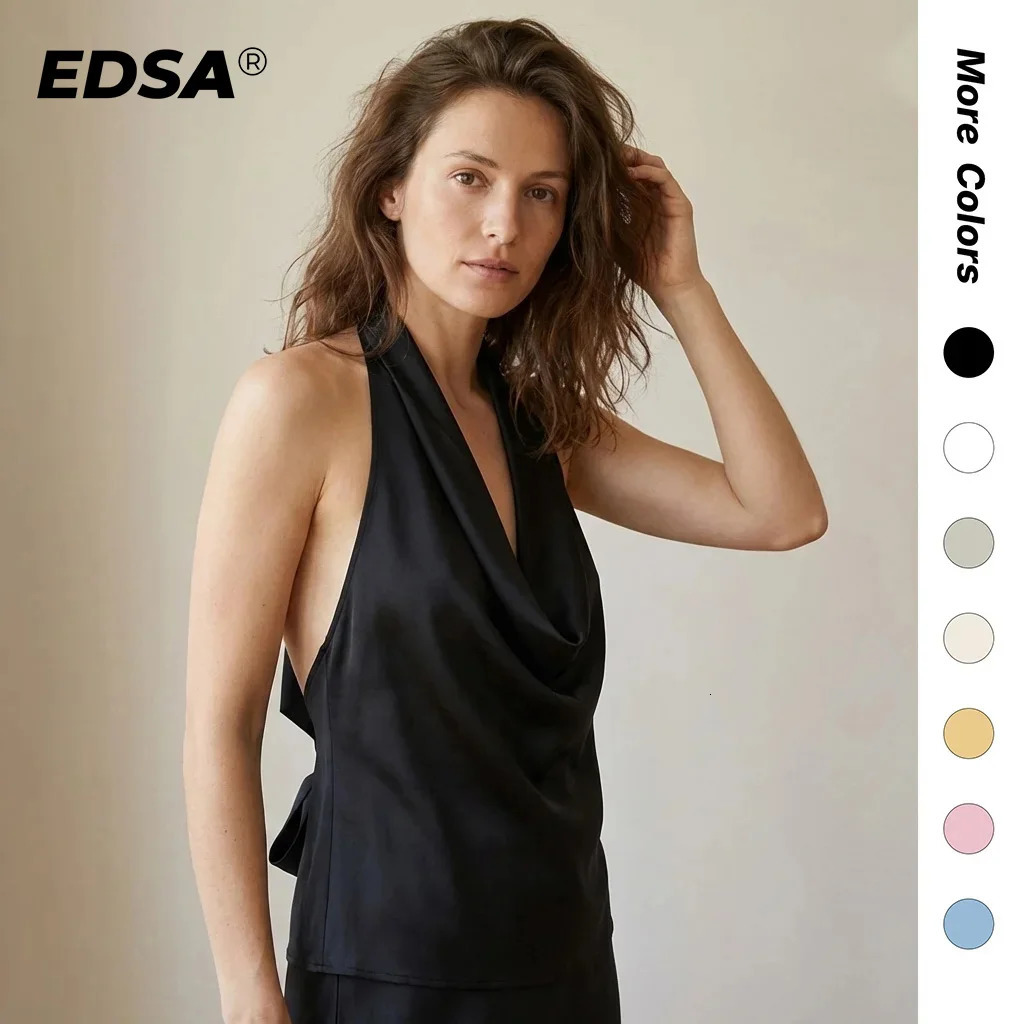 EDSA Women Satin Halter Top with Adjustable Tie Sleeveless Open Back Solid Collar Vest Summer Beach Style Casual Blouse 250203