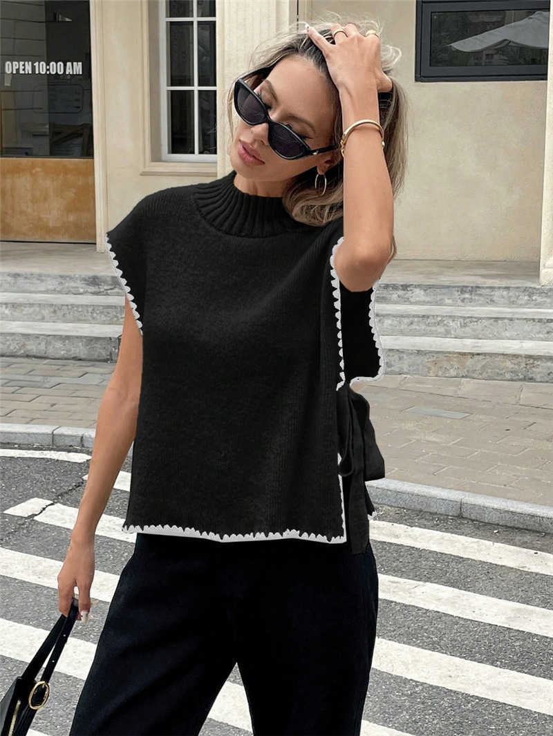 Women's Sleeveless Sweater Vest Minimalist Design with Contrasting Color Bow Tie-Front Top